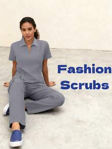 cimmuovere 2pcs Solid Color Pocket Top And Pants Pajama Set