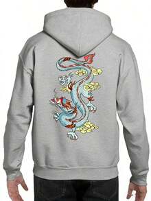 Men's Red Dragon Pattern Hoodie - Casual Polyester Pullover - Grey - View 6