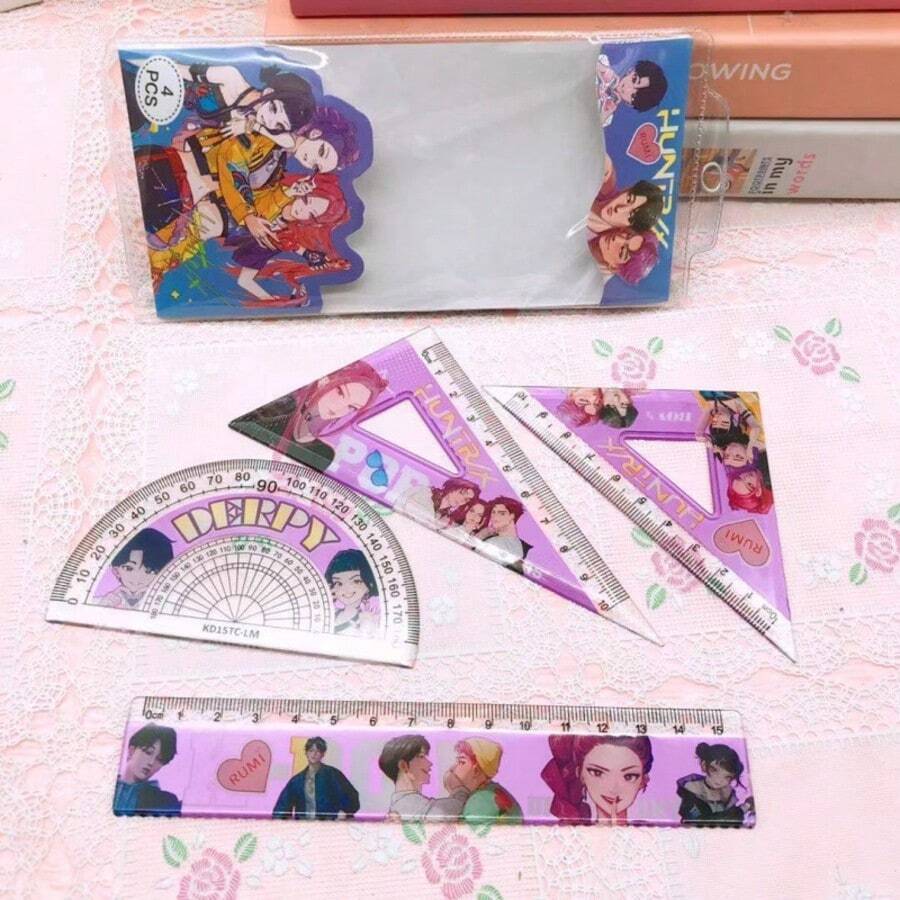 Mattel Set de 4 piezas Regla de estudiante, regla triangular, regla de medición, útiles escolares y de oficina, reglas con diseños de dibujos animados creativos - Multicolor - Ver 1