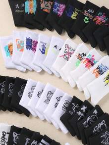 20双儿童袜子，涂鸦袜，街头袜，中筒袜，运动袜，带有涂鸦、字母、笑脸图案，适合青少年，男女通用，适合1-16岁儿童，透气、舒适、柔软 - 彩色 - 查看 7
