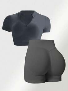 1. Women's Solid Color Short Sleeve Minimalist Top And Elastic Waist Sports Pants Set, Seamless Sports Shorts Set, Women's Fitness Set, Women's Sports Set, Women's Short Tight Pants Set - Grey - View 8