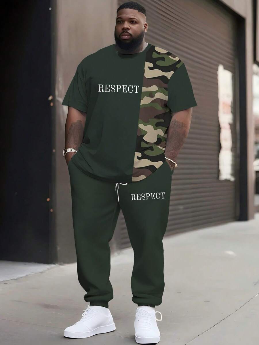 [Plus Size Men's Exclusive] Military Green Camouflage Patchwork "RESPECT" Letter Short Sleeve & Drawstring Pants Set, Loose Fit Slimming Casual 2-Piece Outfit, Round Neck Tee With Drawstring Sweatpants, Fashionable Tracksuit - Nhiều màu - Xem 1