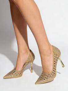 DECOLTE IN PELLE SINTETICA GLITTERATA CON BUCHI E STRASS CON TACCO ALTO 9.5 - Gold - View 1