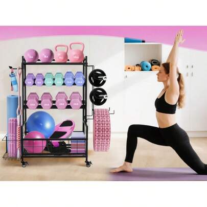 Dumbbell Rack, Weight Rack For Home Gym Dumbbells, Adjustable Barbell Rack For Kettlebells Yoga Mat & Balls, Sports Equipment Organizer Storage Rack With Wheels For All In One Workout, Black