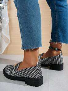 Fashionable Korean Style Metal Chain Decor Women's Black Round Toe Loafers, Personalized Hollow Sequin Design Luxurious Party Vibe Chunky Heel Shoes, Versatile For Commuting, Work, Casual Wear, Great Gift For Teacher's Day/Mother's Day - Black - View 6