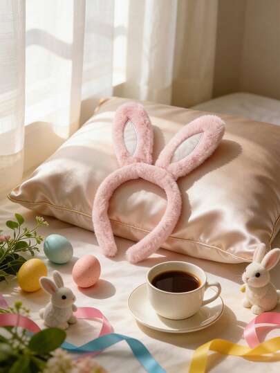 1个复活节兔子耳朵发箍，饰有斑点彩蛋，毛绒兔子耳朵发箍，适合复活节彩蛋寻宝派对，春季节日服装配饰礼品