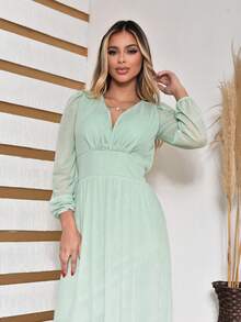 Women's Long Tulle Dress With Long Sleeves For Wedding Party - Mint Green - View 2