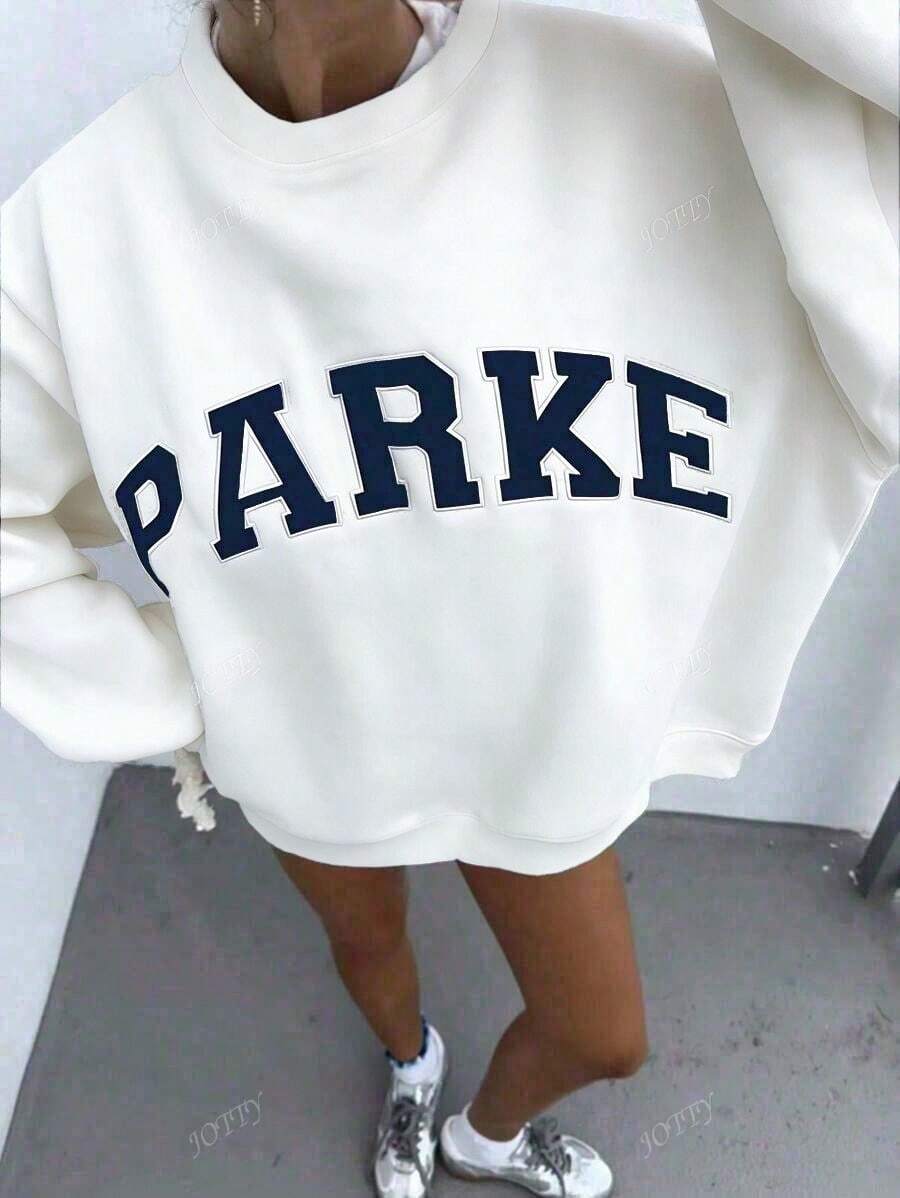 Women's Casual "PARKE" Letter Print Loose Pullover Sweatshirt, Encountering Lazy Fashion. - 白色 - 查看 1