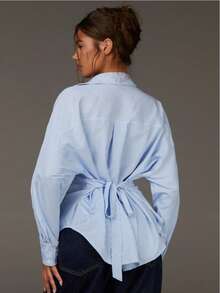 Blue & White Striped Tie Back Waist Shirt For Women, Loose Turndown Collar Long Sleeve Blouse With Design Details Spring - Light Blue - View 8