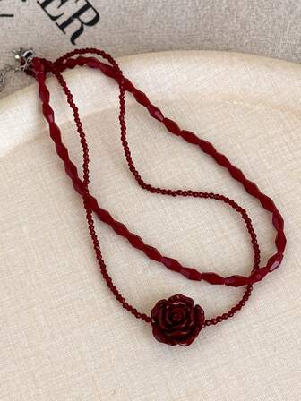 1pc Vintage French Red Rose Double-Layer Necklace, Unique Design Choker Necklace For Women