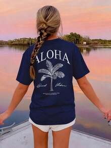 2026 Summer Shirts Women's New Palm Tree Slogan Print Casual Round Neck Short Sleeve T-Shirt, Fashionable Resort Style, Your Daily Essential Item. Graphic Tee, Women's White, Black, Pink Tops, Vacation FitLoose And Comfortabletops - 藏蓝色 - 查看 7