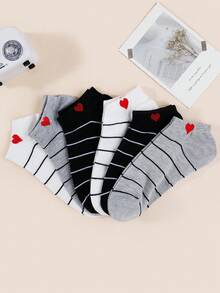 3/6 Pack Women's Low-Cut Socks - Monochrome Stripes With Hearts At Cuff Lightweight & Breathable Comfort For Spring Summer Casual Everyday Wear