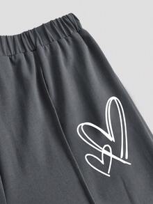 少女爱心印花短袖上衣和裤子套装 - 深灰色 - 查看 4