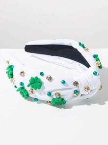 1件白色和绿色纯色布料爱尔兰节日头带，个性化镶嵌仿珍珠宝石四叶草装饰，圣帕特里克节必备百搭时尚配饰 - 白色 - 查看 2