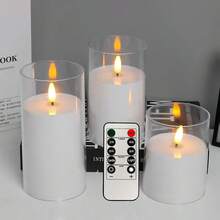 Glass Battery Operated LED Flameless Candles With Remote And Timer, Real Wax Candles Warm Color Flickering Light For Festival Wedding Home Party Decor(Pack Of 3),Valentine's Day Gifts - trắng - Xem 2