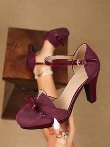 Sapatos de Salto Alto Femininos com Decoração de Laço, Design de Corte em V, Vazado, Cinta no Tornozelo, Plataforma, Veludo Bordô, Sapatos para Festa/Casamento, Sandálias de Salto Alto Bordô Vazadas, Saltos Altos Bordô - Vinho - Visão 3