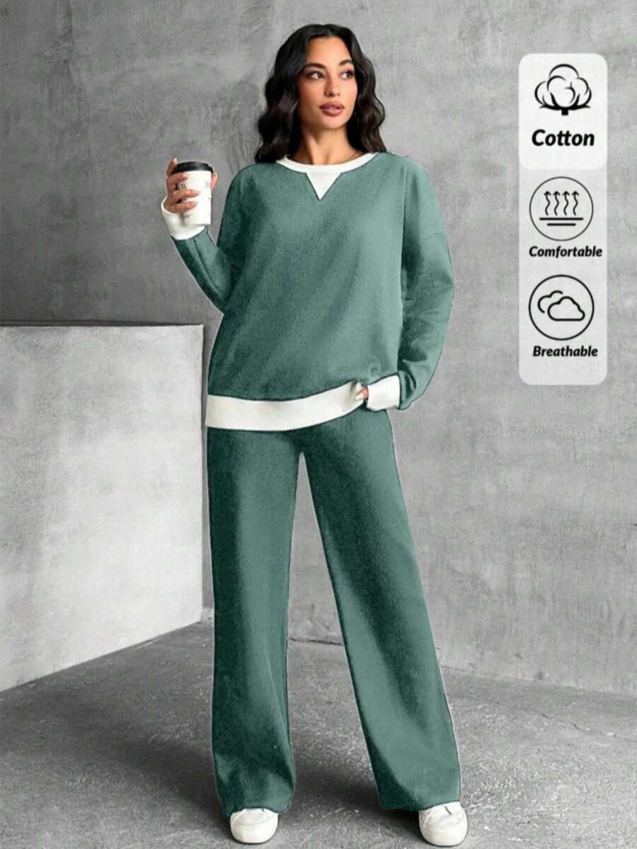 Women's Casual Black Ribbed Knit Set, Contrast Trim Long Sleeve Drop Shoulder Top And Pants - Mint Green - View 1