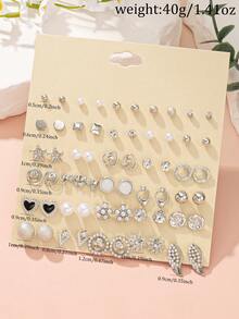30 Pairs Women's Fashion Earrings, Unique Flower, Heart, Geometric Stud Earrings Set, Suitable For Casual And Holiday Wear - Silver - View 6
