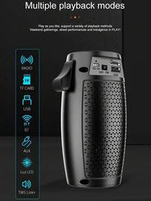 户外便携式无线立体声扬声器，防水设计，支持TWS立体声低音，可连接存储卡/U盘，可连接智能手机/平板电脑，带LED彩色灯光，无线蓝牙音乐扬声器 - 黑色 - 查看 6