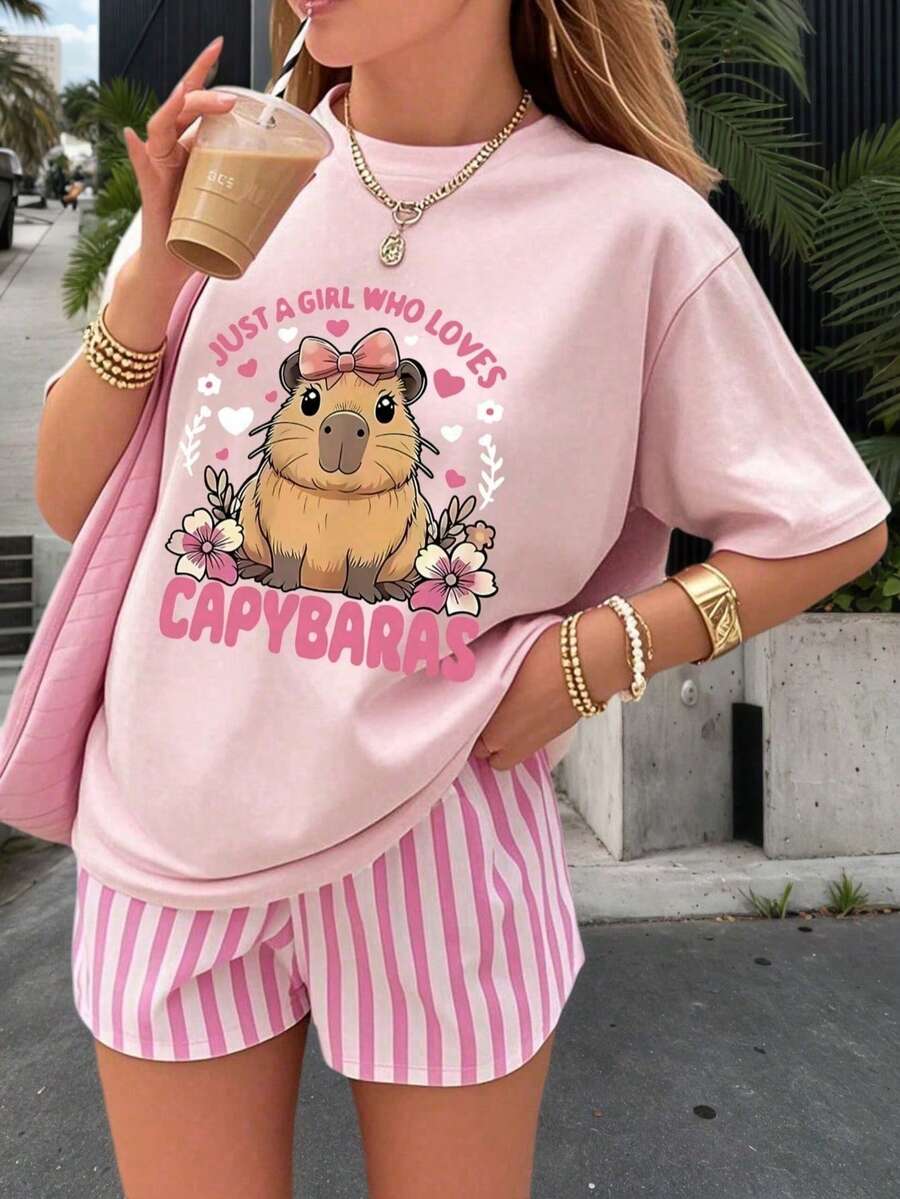 青少年女孩水豚印花套头短袖 T 恤，学生年轻休闲夏季上衣