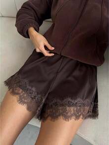 Satin Silk Boxers Shorts For Women Y2k Lace Trim Micro Mini Pajama Shorts French Knickers Low Rise Coquette Lounge Slip Pj Bottoms - 棕色 - 查看 1