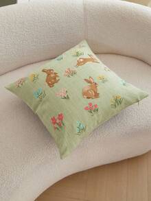 1pc Easter Green Rabbit Embroidered Throw Pillow Cover, Spring Floral Cushion Cover, Suitable For Indoor Decor, Spring/Summer Pillowcase, Pillow Insert Not Included - Green - View 7