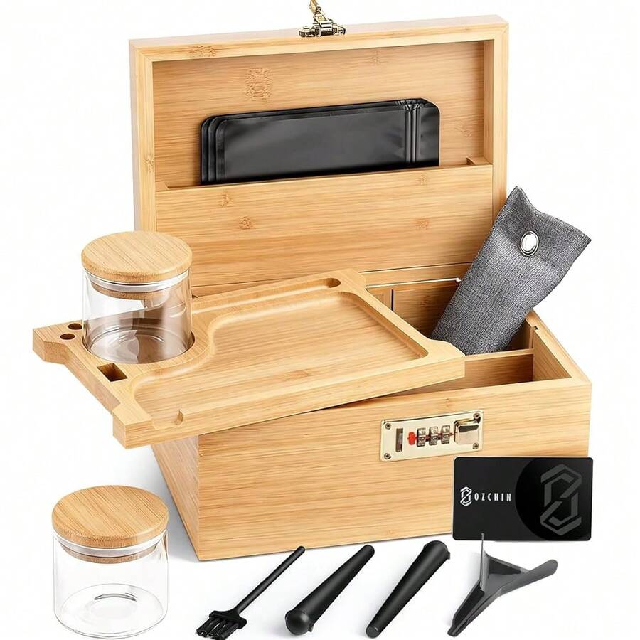 Large Bamboo Box With Combination Lock Decorative Box For Home Great Gift Choice Storage Lockbox With Storage Jar, Christmas Gifts For Men Women - 棕色 - 查看 1