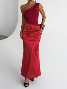 Abito estivo WOWDARK, outfit rosso per San Valentino, abito da festa asimmetrico con spalla e patchwork, abito da sirena elegante per donna, adatto per feste di compleanno, feste, San Valentino, appuntamenti e altre occasioni - Rosso - Visualizzare 6