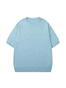 Whitmere Men's Casual Loose Solid Color Basic Elegant Slouchy Versatile Commute Retro Crew Neck Pullover Knit Top, Summer Short Sleeve T-Shirt - Baby Blue - View 4