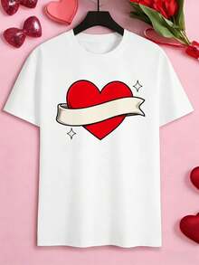 T-shirt à motif cœur rouge pour la Saint-Valentin, tissu de qualité supérieure, col rond, coupe confortable, style décontracté - Blanc - Voir 2