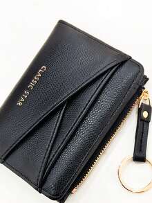 New Women Wallet & Key Chain, Asymmetrical Design Ultra-Thin Portable Bifold Zipper Coin Purse - Black - View 3