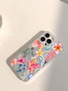 1pc  Ocean Elements Starfish, Sea Turtle, Jellyfish, Hibiscus, Coral, Dolphin Pattern Anti-Slip Transparent Airbag Phone Case Suitable For IPhone 11/12/13/14/15/16 Pro Max Accsesories - 多色 4 - 查看 8