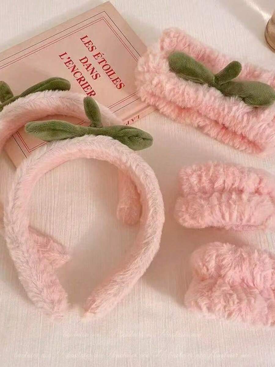 4pcs/Set Cute Pink Peach Plush Headband, Facial Mask Headband, Non-Slip Hair Accessories Women Hair Band Spa Facial Washing Head Scarf Bath Makeup Sweatband - Pink - View 1