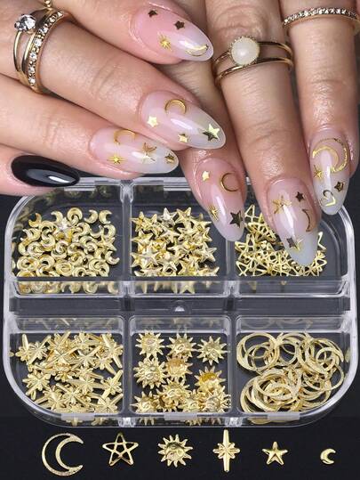 6/12grids Alloy Gold Star Starlight Sun Crescent Moon Nail Decorations, Metal Flake Nail Accessories Tools, Nail Charm, DIY Elegant Nail Decoration Flake, Nail Salon Supplies Nails