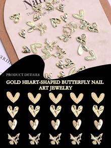 40 Pieces/Pack Y2K Golden Love Butterfly Nail Art Accessories Shiny Alloy Hollow Butterfly/Heart-Shaped Nail Decoration Diy Nail Accessories Nail Jewelry Gemstone Nail Supplies - Gold - View 2