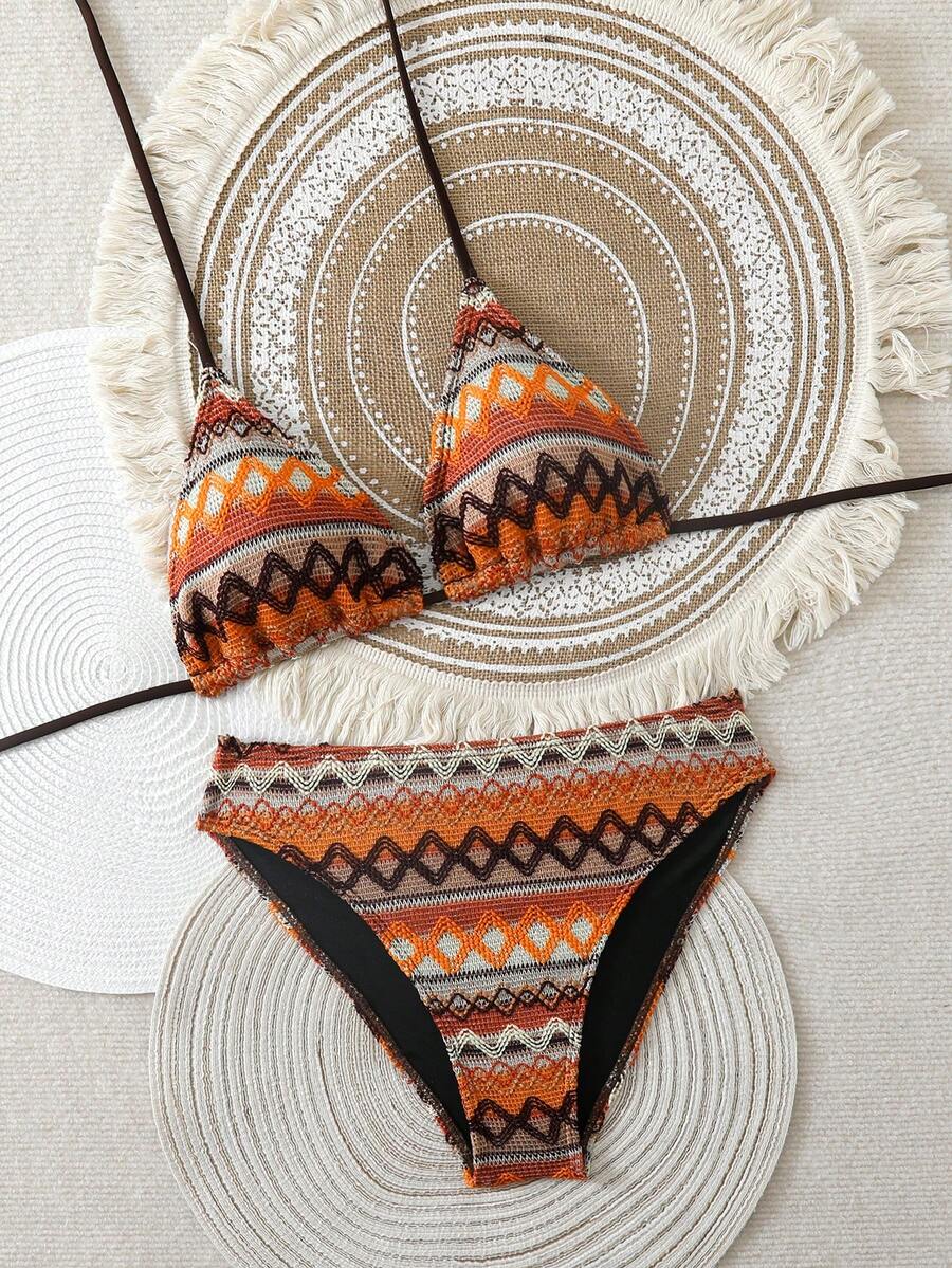 Conjunto de bikini bohemio sexy y elegante con espalda descubierta y anudado, para vacaciones en la playa - Multicolor - Ver 1