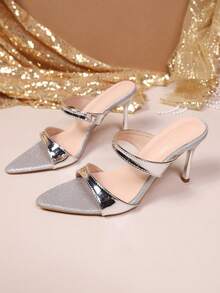 女士法式高跟凉鞋，新款夏季金色细跟尖头绑带优雅交叉凉鞋，穿着舒适 - 銀色 - 查看 6