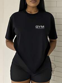 [Sporty T-Shirt]2026Plus-Size Women'S T-Shirt GYM THERAPY, Featuring A Fitness Therapy Double-Sided Print, Elegant And Stylish For Summer, Comfortable Round-Neck Short-Sleeve Top That Is  And Versatile |   Relaxed Fit |   Plus Size - 黑色 - 查看 3