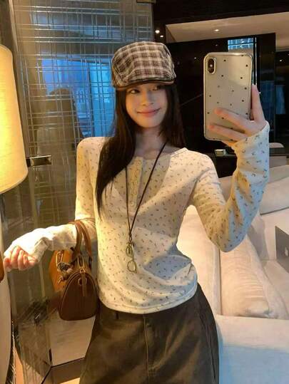 Women's Henley Neck Ditsy Floral Long Sleeve Fitted Short Layering T-Shirt, Autumn/Winter Spring Casual