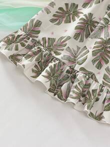 Baby GirlSleeveless Dress, Apricot Base With Green Leaf Print, Ruffle Hem, Loose And Comfortable Fit, Fresh Tropical Style, Suitable For Summer Casual Outings - Green - View 6