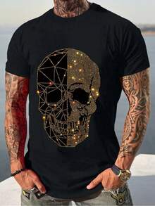 Men's Black T-Shirt With Golden Rhinestone Skull Print - Short Sleeves, Crew Neck, Casual Sports Design For Parties, Fitness And Casual Wear - màu đen - Xem 2