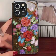 Funda de Teléfono de Vidrio Templado con Marco Negro de Lujo de Arte de Rosa y Mariposa Colorida para iPhone 17 Air 16 15 Pro Max 14 Plus 13 12 11 ProMax, Cubierta Protectora de Moda para Parejas - 3V4075 - Colores mixtos - Ver 2