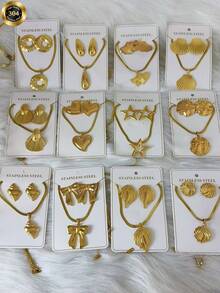 1/6/8 Sets Gold Classic Stainless Steel Jewelry Set, Floral Heart-Shaped Necklace And Earrings Set, Pendant Necklace, Suitable For Women's Daily Wear, Halloween Jewelry, Women's Autumn Accessories - Gold - View 5