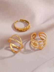 3pcs Gold-Plated Stainless Steel Multi-Layer Rings Set, Suitable For Women's Daily Wear - Gold - View 4