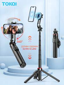 TOKQI 51.18 Inch/130cm Magnetic Telescopic Phone Holder With Tripod & Wireless Bluetooth Remote Control, Portable Selfie Stick For IOS And Android Phones, Suitable For Travel, Live Streaming, Vlogging, Family Gatherings, Parties, Outdoor Activities, Interviews