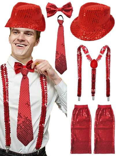 5件套 Forever & Moment 70年代成人角色扮演服装配饰套装，男女皆宜，包括亮片帽、领结、领带、吊带、腿套 - 适用于演唱会服装、迪斯科主题派对、经典流行巨星角色扮演舞蹈表演、情人节服装