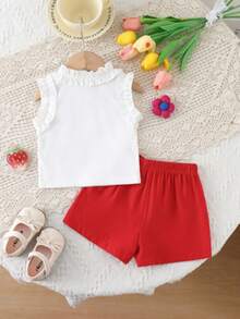 2pcs Girls Strawberry Decor Ruffle Collar/Cuff Sleeveless Top + Red Bow Accent Shorts Set, Cute Casual Outfit For Daily Wear - White - View 3