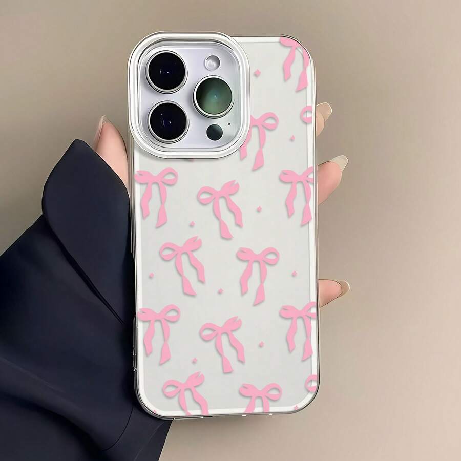 Funda con estampado de lazo rosa, compatible con teléfonos ,  17,  16 Pro Max,  15 Pro Max,  13 y  12. Fabricada en TPU, ofrece protección contra golpes y caídas. Una opción encantadora para cumpleaños, aniversarios o simplemente para darle un toque de encanto a tu estilo diario. Perfecta para familiares, amigos y cualquier persona que ame un diseño divertido y femenino. - Blanco - Ver 1