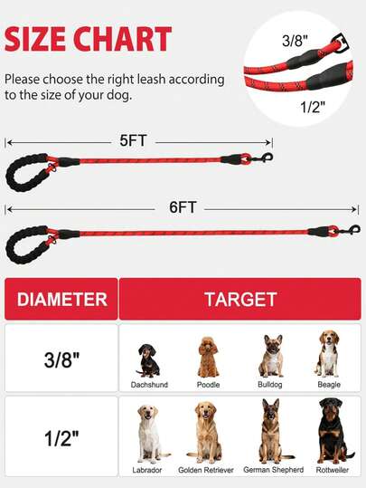 Reflective Dog Leash, Heavy Duty Nylon Rope, With Waste Bag Dispenser, High Visibility Reflective Strap, Suitable For Medium To Large Dogs, 5' X 1/2' And 6' X 1/2/