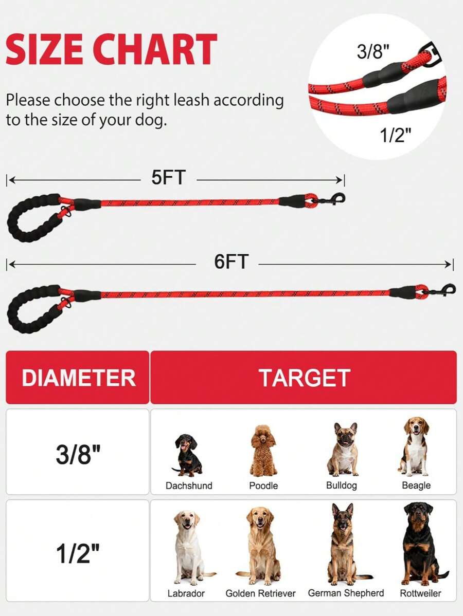 Reflective Dog Leash, Heavy Duty Nylon Rope, With Waste Bag Dispenser, High Visibility Reflective Strap, Suitable For Medium To Large Dogs, 5' X 1/2' And 6' X 1/2/ - Red - View 1
